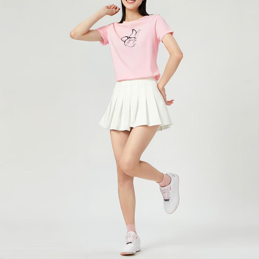 Li Ning X Disney Mickey Cartoon Print Round Neck Pullover Short Sleeve T-Shirt Women Tops Pink AHSR648-3