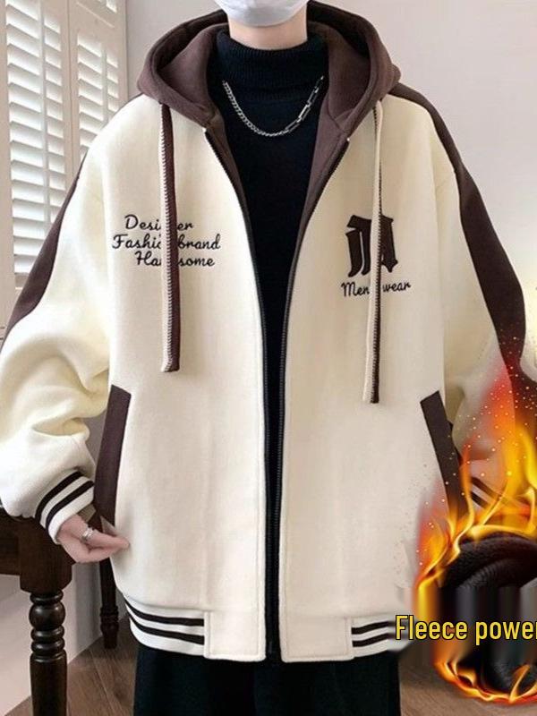 Teen Boys' Trendy Velvet-Style Baseball Jacket Hoodie