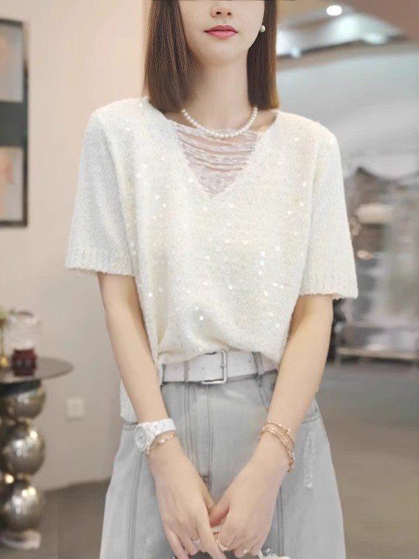 Plus Size 2025 Sequin V-Neck Knit Top - Loose Fit, Short Sleeve, Stylish Hollow Design