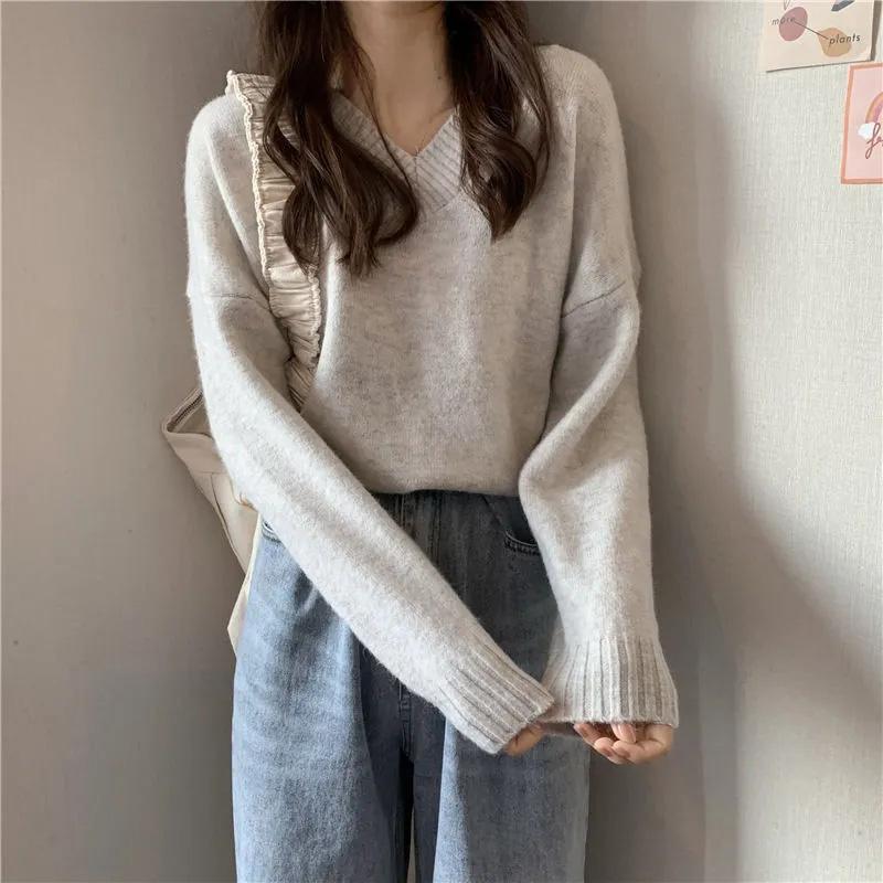 Sweater Women Autumn V-neck Solid Color Pullover Inner Knit Loose Casual Comfortable Top