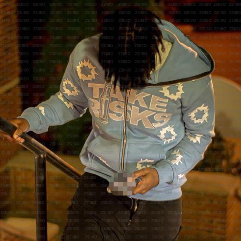 European and American street trend Y2K hip-hop fashion zipper printed loose hoodie