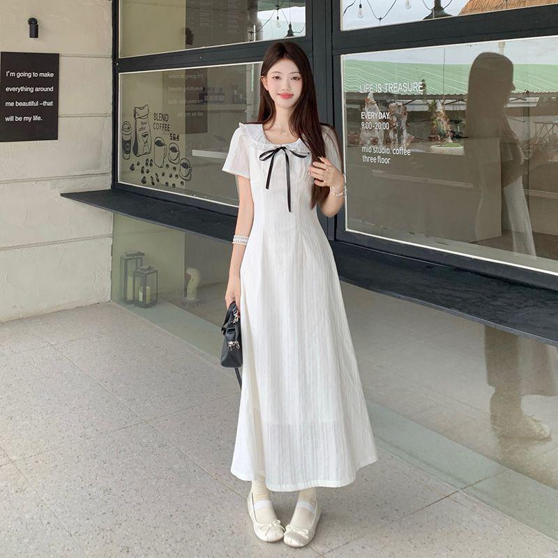 2026 Summer White Princess Dress: Doll Collar Bow Waist Slimming Long Skirt