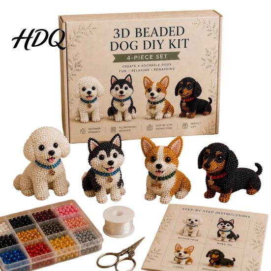 Mini Dog Collectible Set Tiny 3D Beaded Animal DIY Kit with Instructions Easy Beading Office Decoration Crafts 4 Cute Designs Themed Beadwork