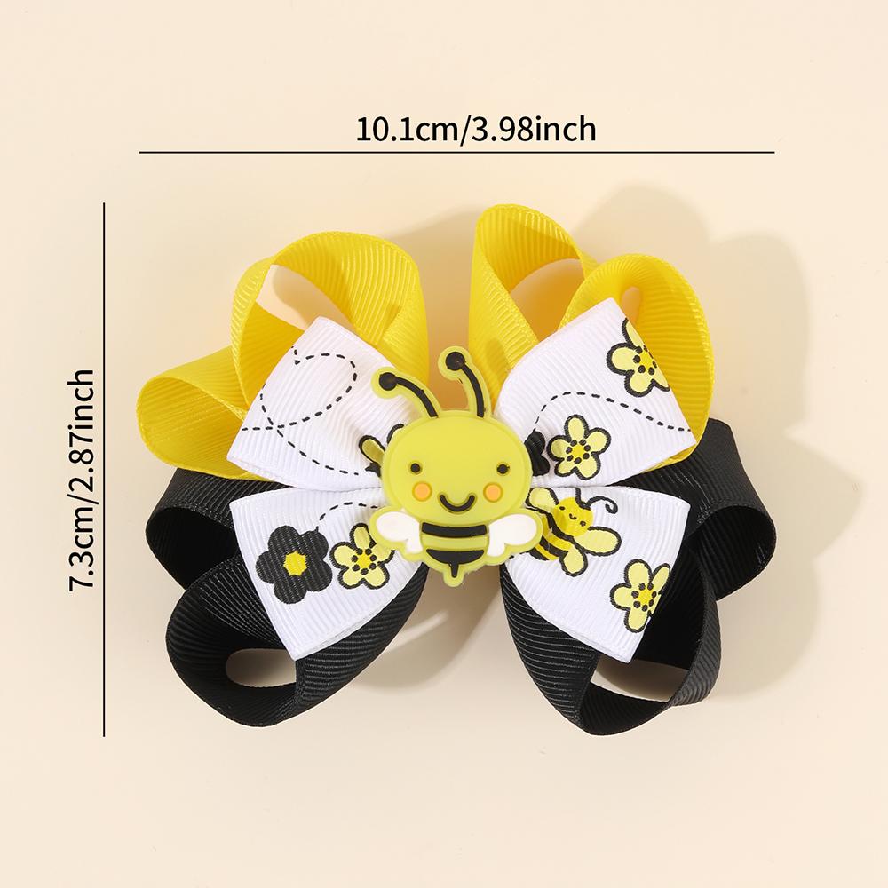 2Pcs Cartoon Bee Bow Hair Clips For Girls Cute Flower Print Color-Blocking Ribbon Hairpins Kids School Daily Trendy Accessories