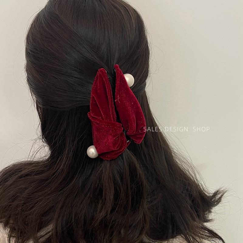 Elegant Wine Red Velvet Bow Ponytail Claw Clip for Women