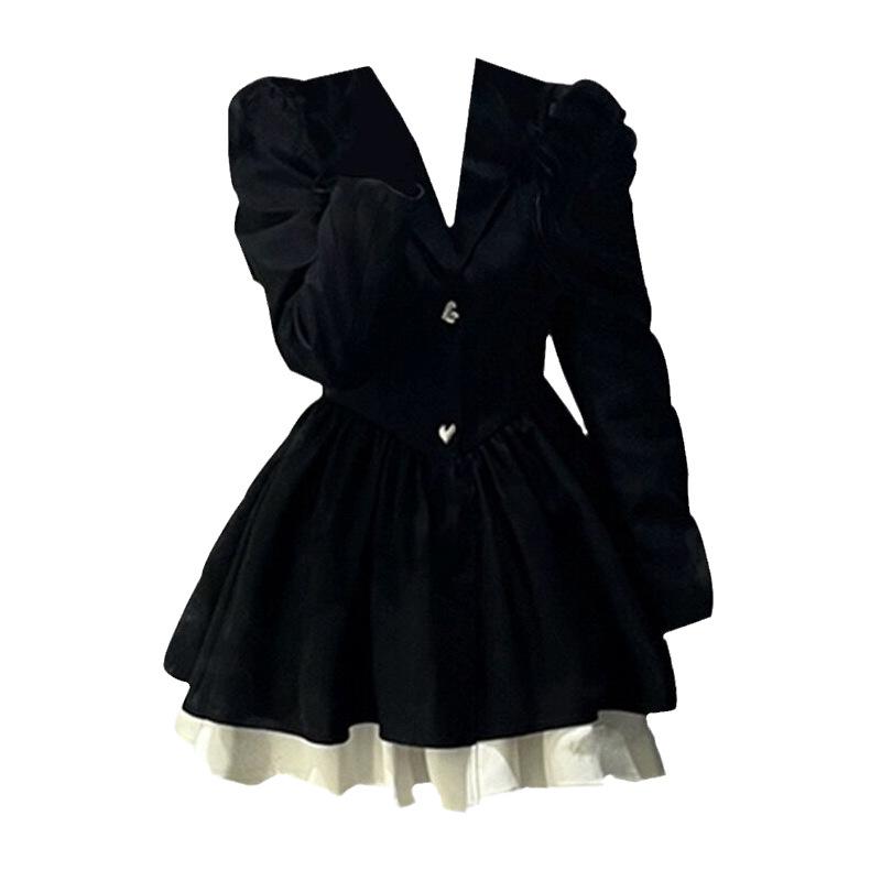 [Original practice + inner lining] Wear a royal sister-style black dress in early autumn, children's coffee break, princess fluffy