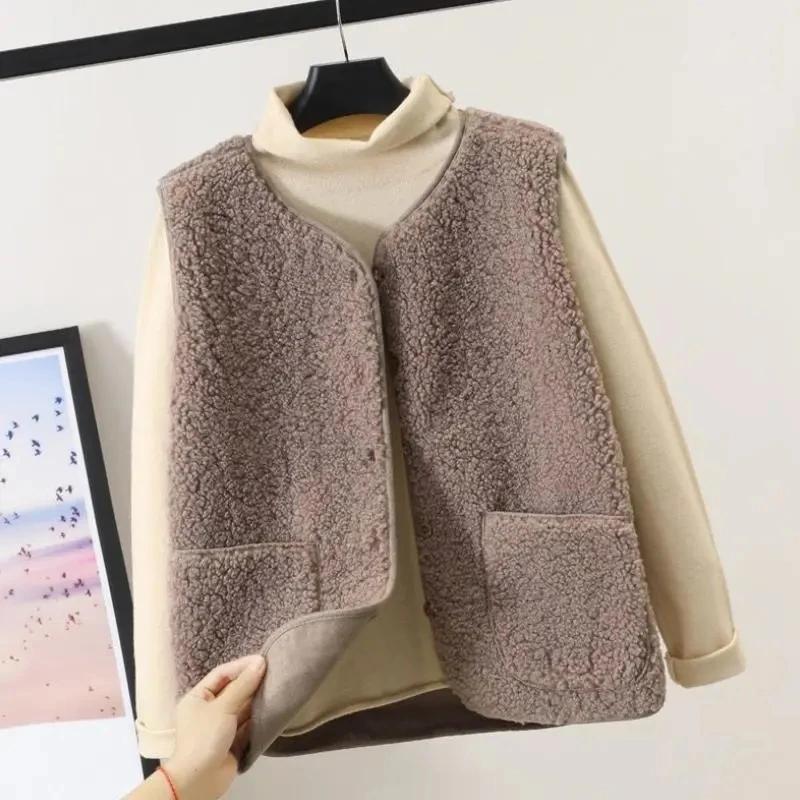 Lamb's Fleece Vests Jacket Spring Autumn Women Button Waistcoat Winter Warm Fleece Sleeveless Outwear