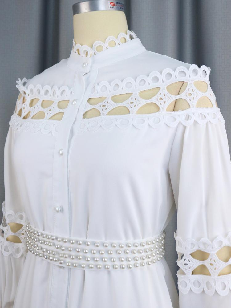 Chic Women Hollow Out Lace Splice Mock Neck Long Sleeve A Line Midi Dress with Belt Casual Party Club Outfits Plus Size
