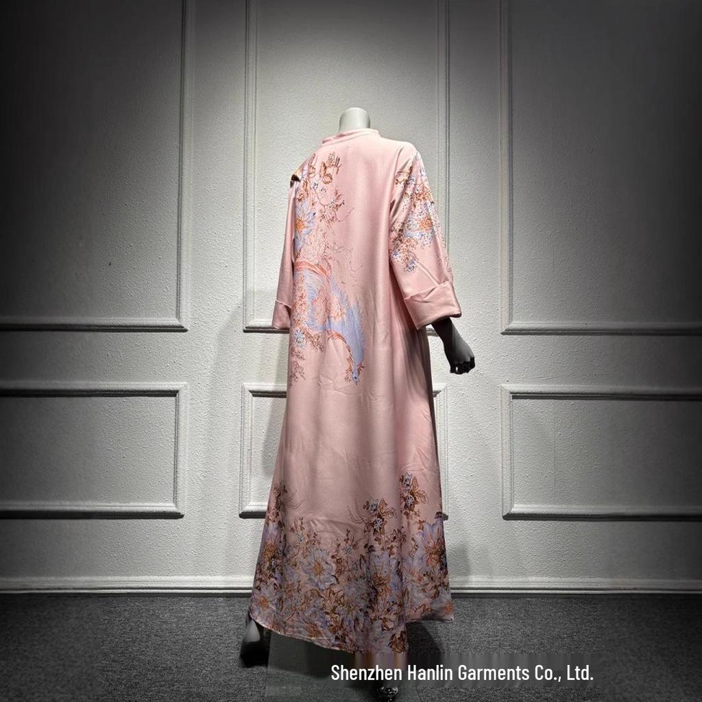 SM003 Muslimisches Jalabiya-Print-Langarmkleid mit Heißbohren - Damenbekleidung im Dubai-Stil