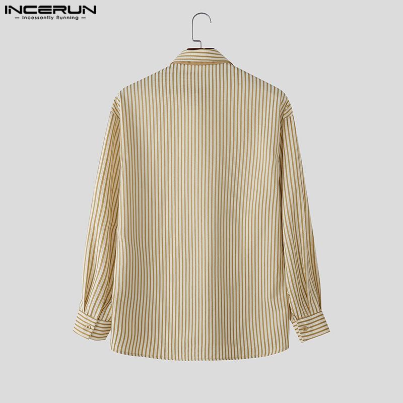 INCERUN S-5XL Men Turn-down Collar Tie Long Sleeve Striped Casual College Style Shirts