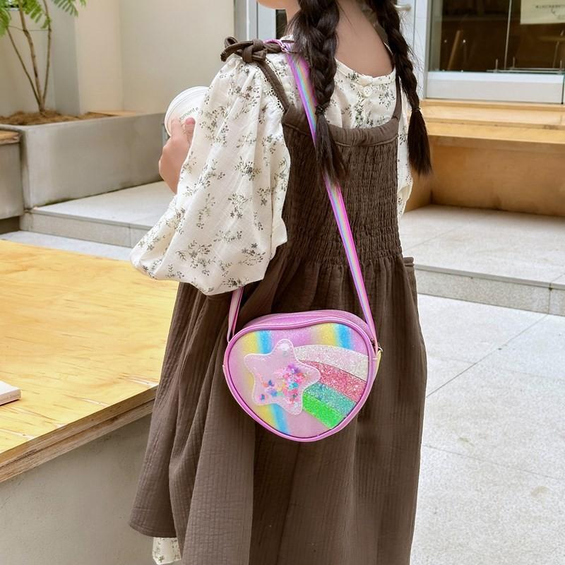 Trendy Shimmering Heart Kids Crossbody Bag In Soft Pink And Rainbow Colors