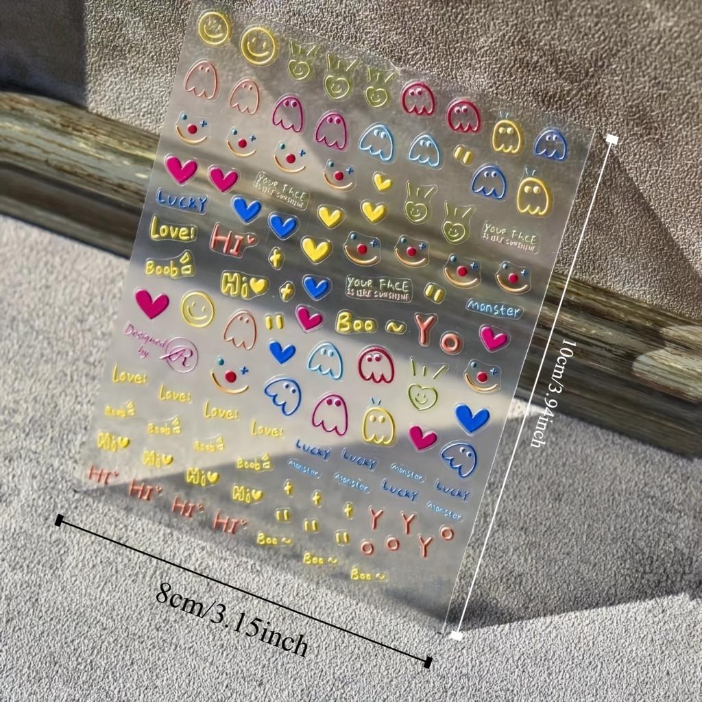 Charming Cartoon Face Stickers - Self-Adhesive, Colorful Nail Art Designs with Hearts & Smiles, Perfect for DIY & Salon Use, Nail Art Stickers