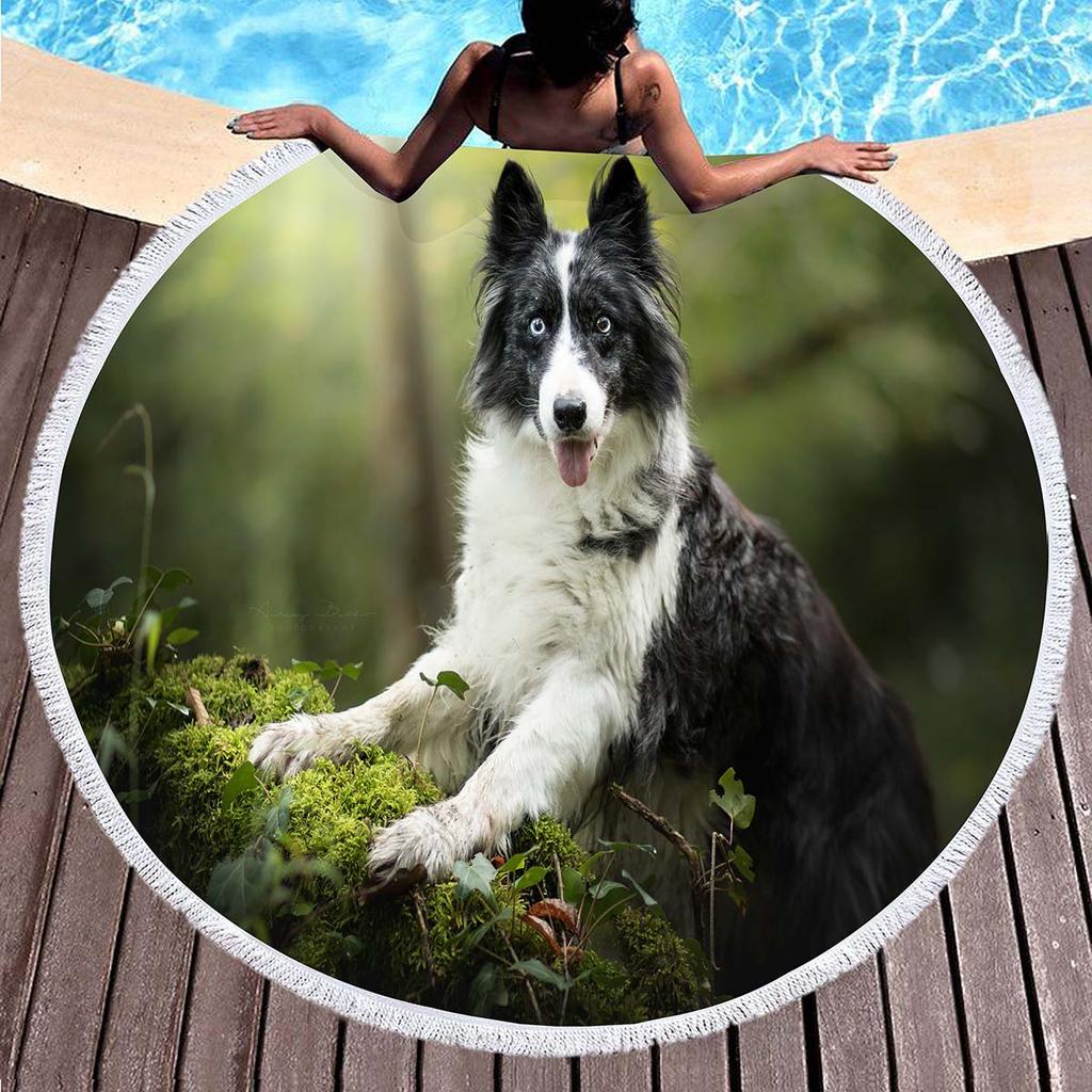 Border Collie Round Beach Towels,Dog Greeting Its Owner Among Flowers Sand Free Absorbent Beach Blanket Bath Towels Picnic Mat