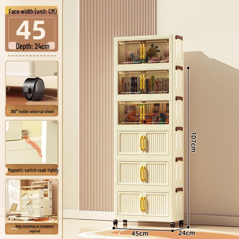 40-60cm Wide Transparent Foldable Double Door Floor Storage Cabinet with Multiple Layers
