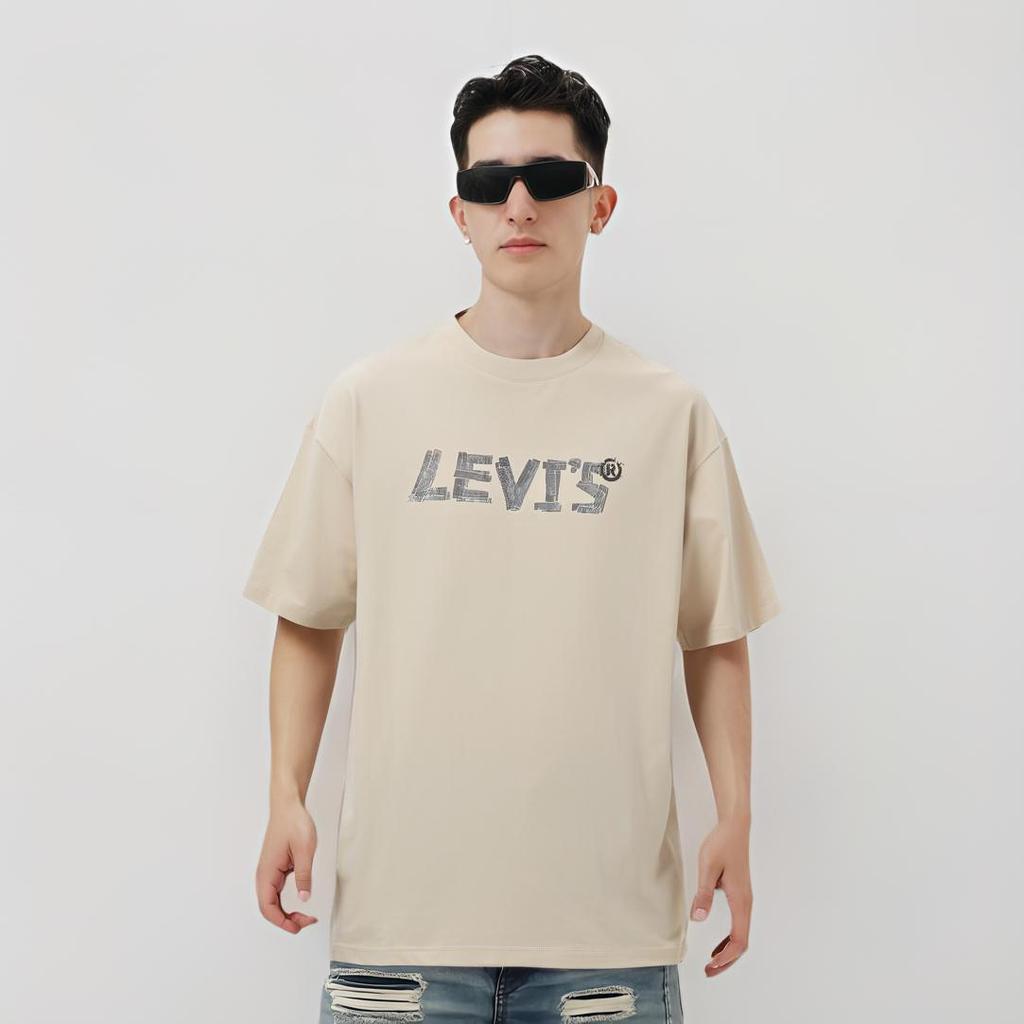 Levis Loose Letter Print Round Neck Short Sleeve T-Shirt Men Tops Beige 001B0-0001