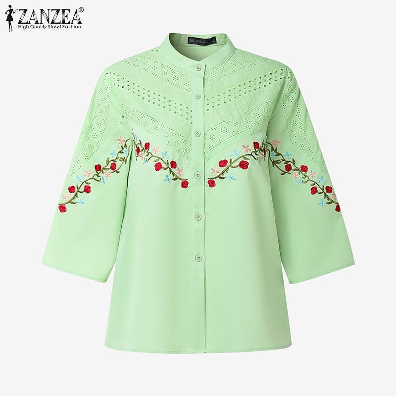 ZANZEA Dame Casual Ståkrage 3/4 Erme Løs Blomsterbroderi Bluse