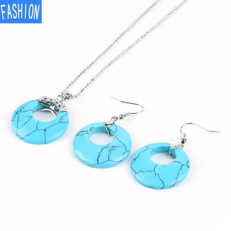 Damen Naturstein Hohl Konzentrisch Rund Set Blume Grün Weiß Kristall Tigerauge Stein Ohrring Halskette Set