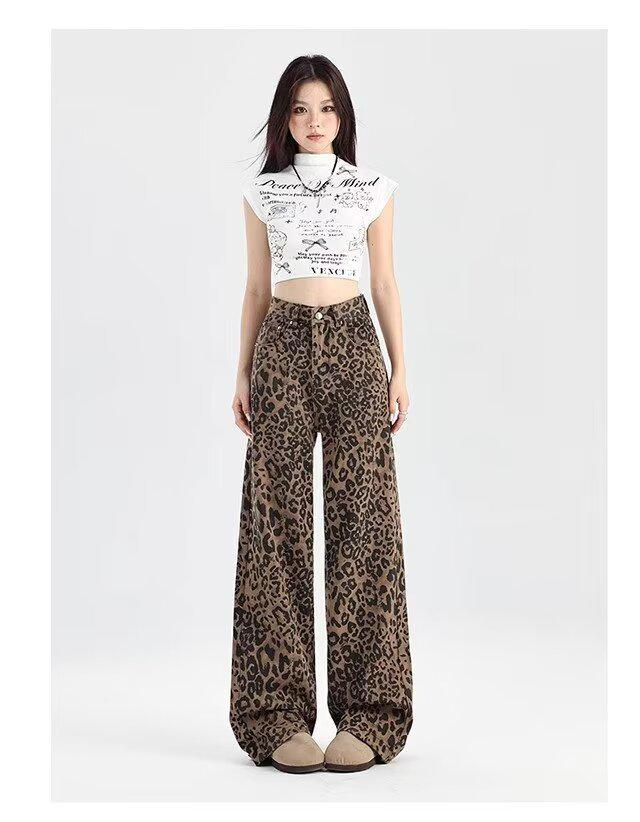 2024 Women's High-Waisted Leopard Print Wide-Leg Jeans for Petite - Autumn/Winter Collection