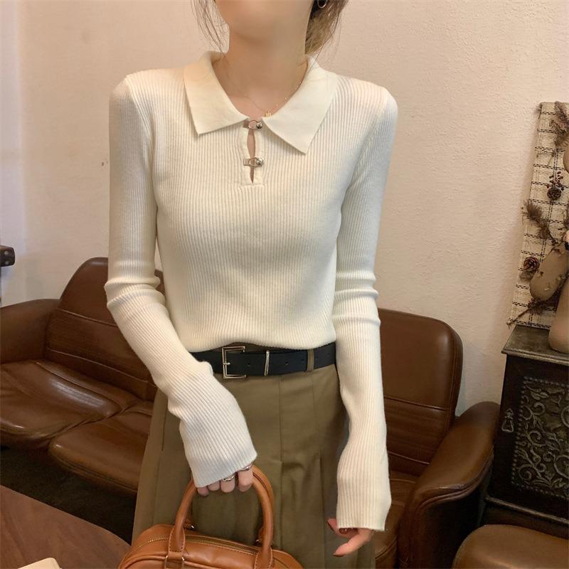 Bottom shirt women's spring and autumn new slim-fit high-end design sense inside knitted sweater polo collar top