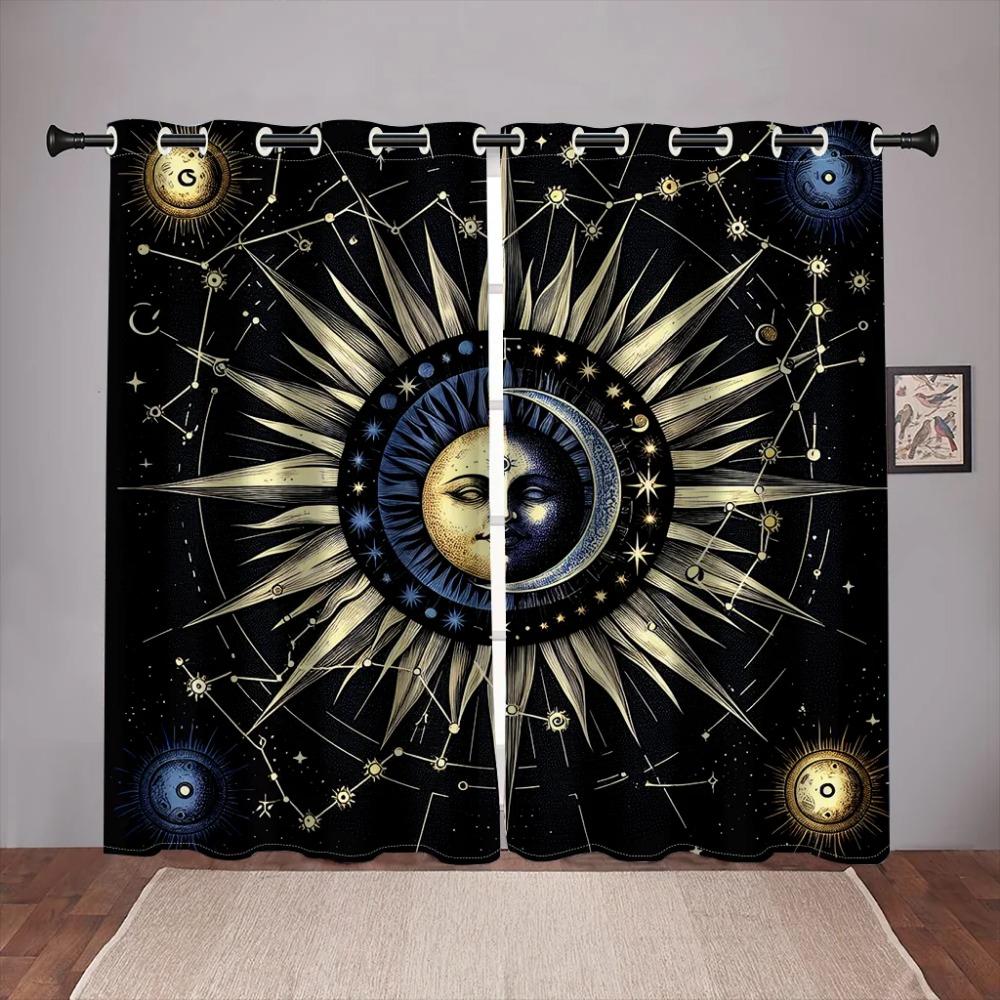 2Panel Retro Sun Moon Curtain Constellation Darkening Window Curtain Gothic Boho Mandala Drapes For Living Room Bedroom Window
