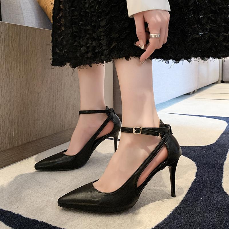 Metal Buckle Stiletto Sandals Autumn New Pointed Toe Shallow Mouth One Strap Anti-Slip Wear-Resistant High Heels