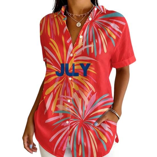 Women Shirt Mid-Length Summer Lapel Collar Casual Tops Short 2XL