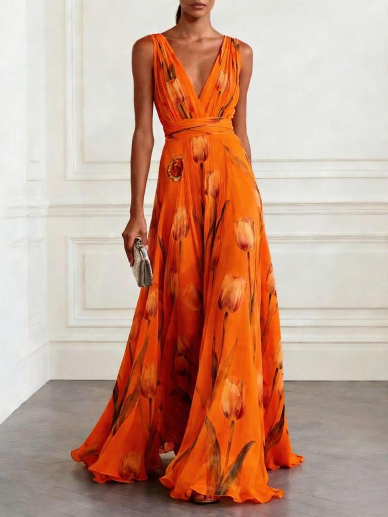 2026 Tulip Print Sleeveless V-Neck Long Evening Dress for Women