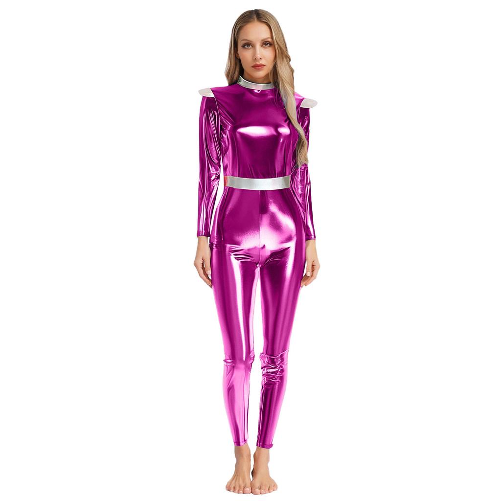 Shiny Metallic Alien Costume for Women Spandex Full Body Catsuit Robot Halloween Outfit