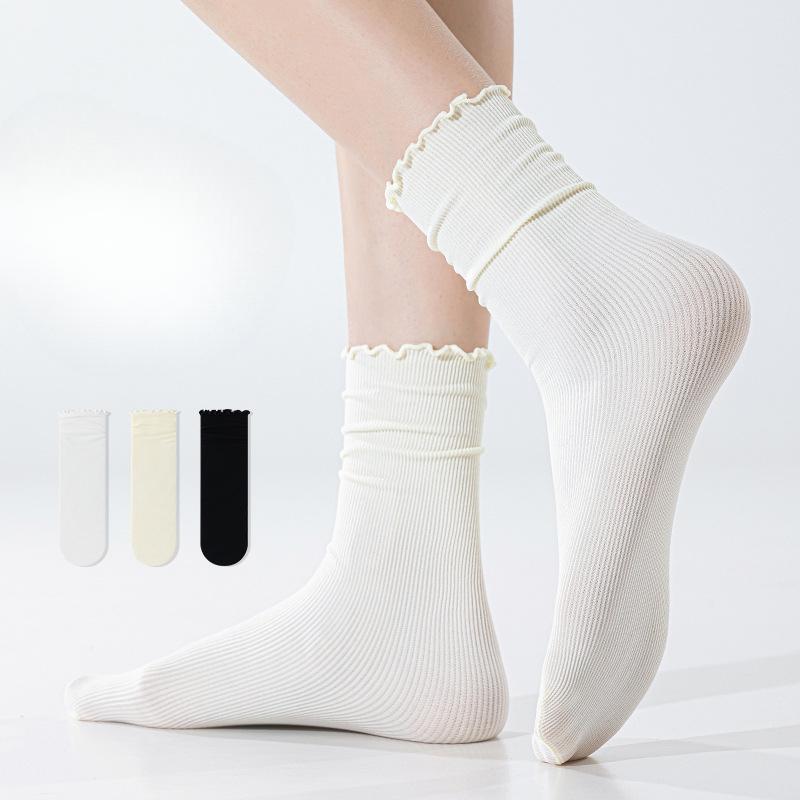 Summer Rolled-up Ice Silk Thin Pile Socks for Women, Black Fungus Lace Versatile Lace Socks, Mid-calf Socks