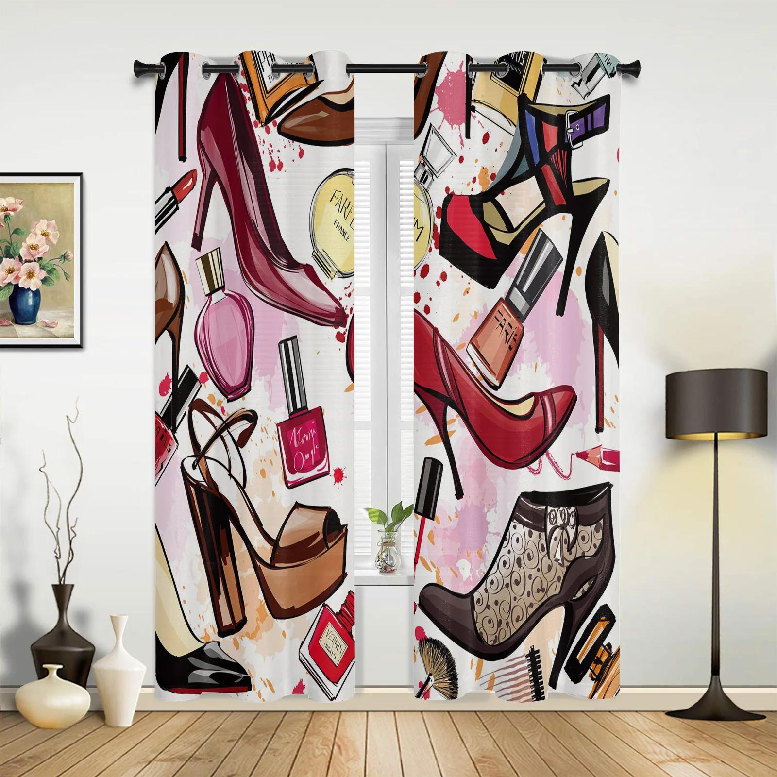 

Female Pink High Heels Butterfly Curtains Bedroom Living Room Drapes Kitchen Children Window Curtain Home Decor Made Of Polyester W100*H130(CM)-Rod Pocket&2PCS