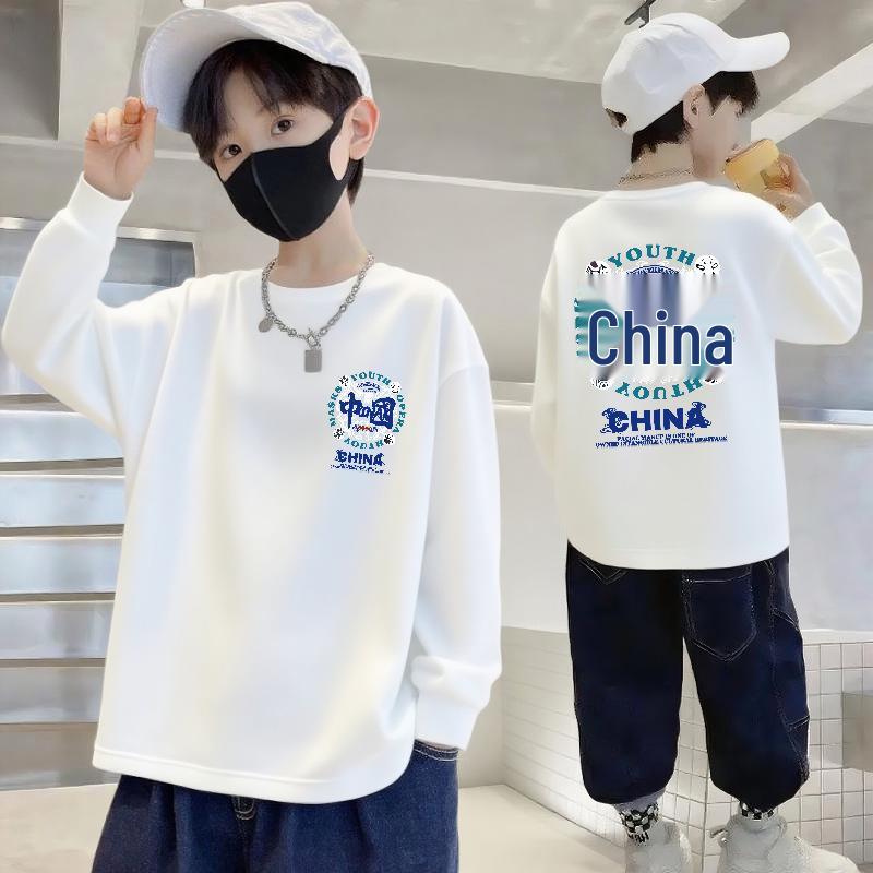 100% Pure Cotton Boys' Long-Sleeve T-Shirt - Autumn Loose Fit, Round Neck, for Middle and Big Kids, National Tide Style