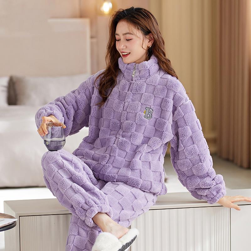 Pajama Women's Autumn/Winter Coral Velvet Set New Women's Flannel and Fleece Thickened Warm Home Wear