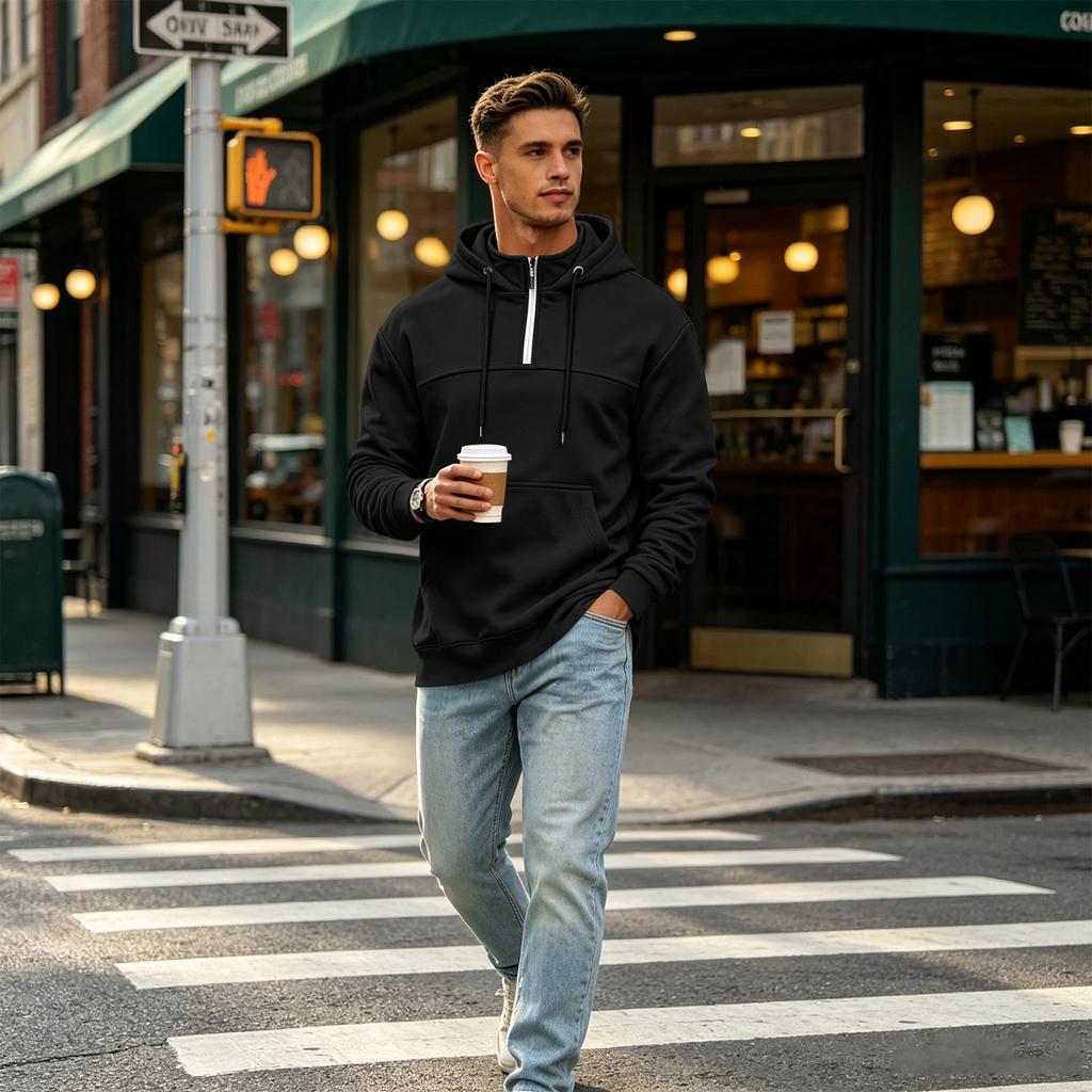 Casual Heren Hoodie met Opstaande Kraag en Zakken - Atletische Pullover voor Dagelijks Gebruik