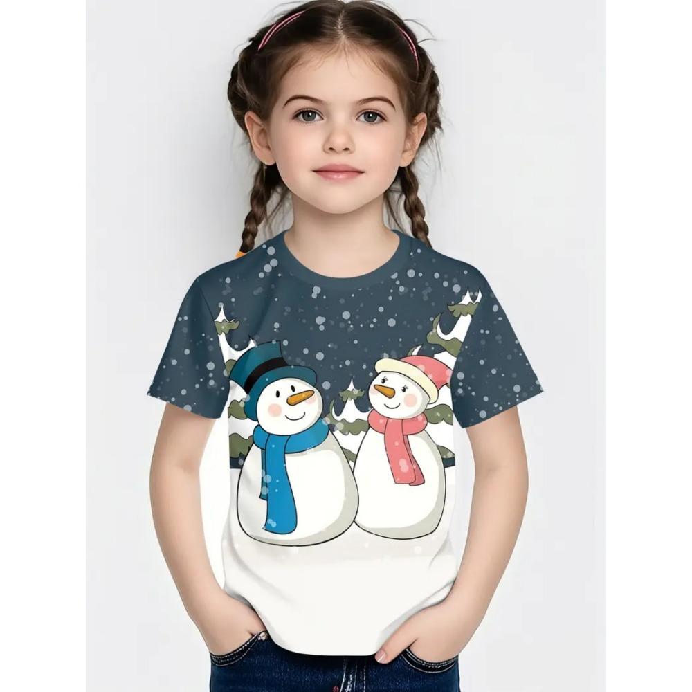 Girl T-shirt Snowman 3D Printed Girl Short sleeved T-shirt Santa Claus Boy Children's T-shirt Fashion Christmas Happy Children's Clothing