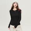 Solid Color Versatile Shoulder Round Neck T-shirt Basic Style, Comfortable and Slim Fit Long Sleeved Women's Top with Inner Lining