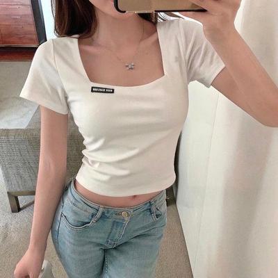 Retro Francuski T-shirt Damski Slim z Krótkim Rękawem, Wysokim Stanem i Kwadratowym Dekoltem - Trend Lata 2025