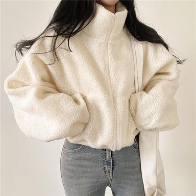 Hanorac din fleece îngroșat, călduros, pentru femei, cu fermoar, hanorace, fără glugă, pentru femei, guler în picioare, scurte, largi, de pluș, jachete cu fermoar de iarnă