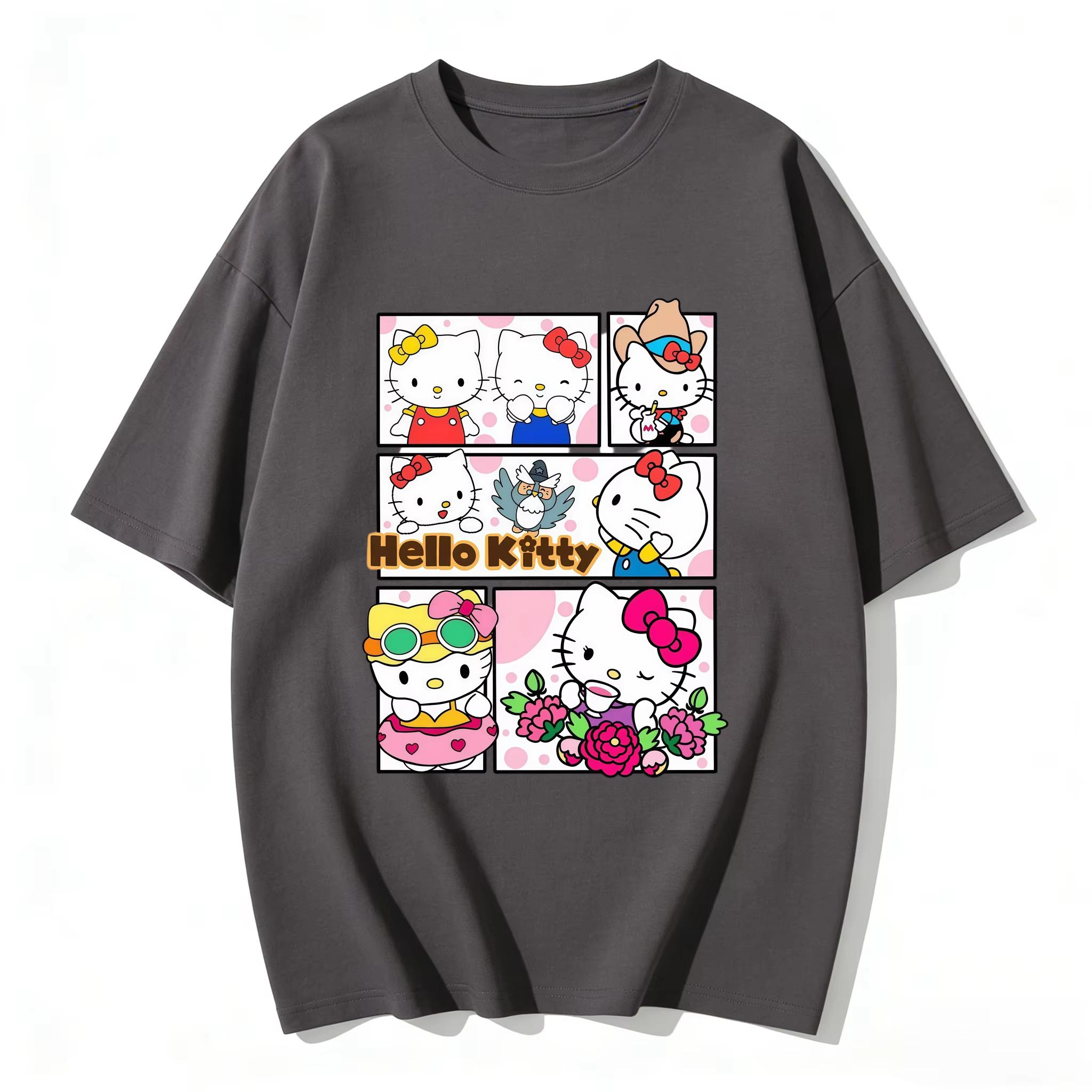 

2026Cute Hello Kitty MultiOutfit Comic Print Casual Short Sleeve Tee for Comfortable summer loose Tshirt for Women S
