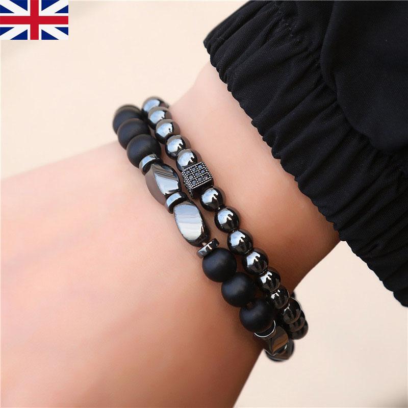 

Набор из 2 шт., мужской черный деревянный браслет из бисера с камнем, браслет-манжета на день рождения 2Pcs