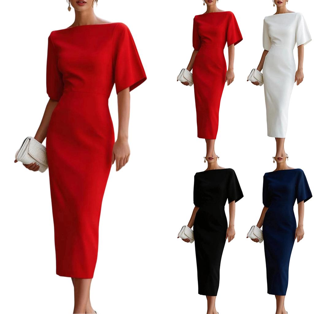 Damen Midi-Kleid Schlanke Passform Taillendesign Elegantes Bateau-Ausschnitt Kurzarm Formelles Kleid für Büro Party Abendgarderobe