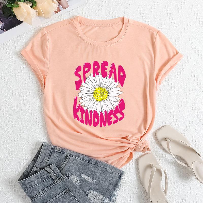 

Летние женские свободные повседневные футболки с круглым вырезом и принтом дикой хризантемы из чистого хлопка с короткими рукавами для женщин 3XL