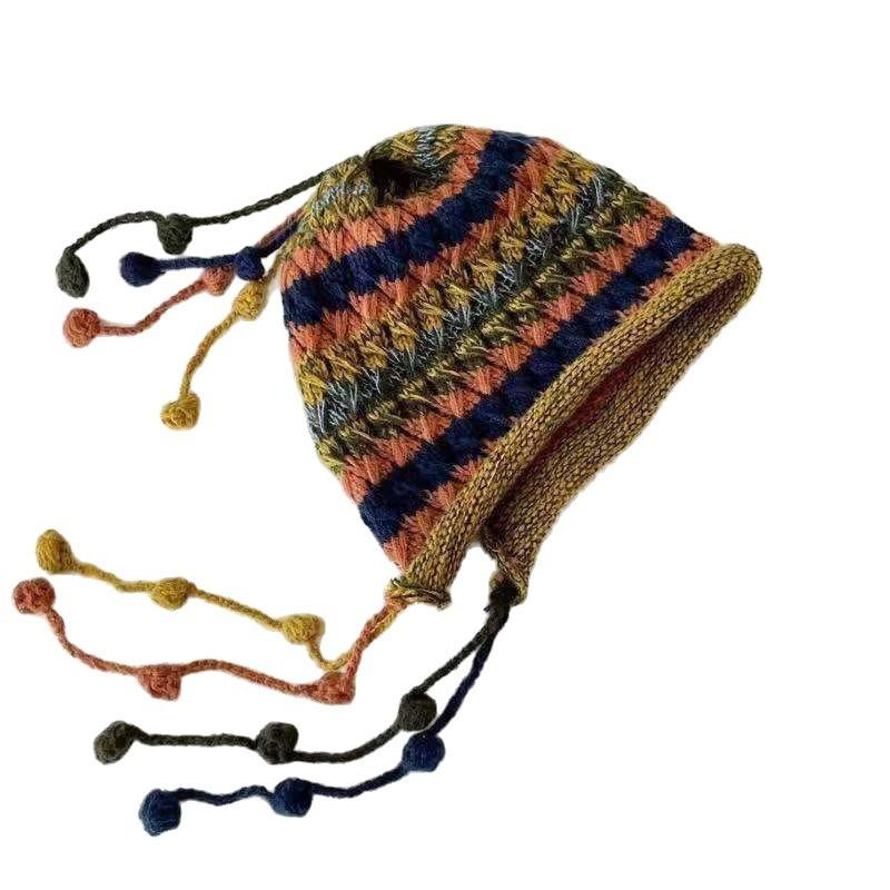 Autumn niche color dopamine winter hat women's warm fringed pullover hat fashion knitted hat wool hat