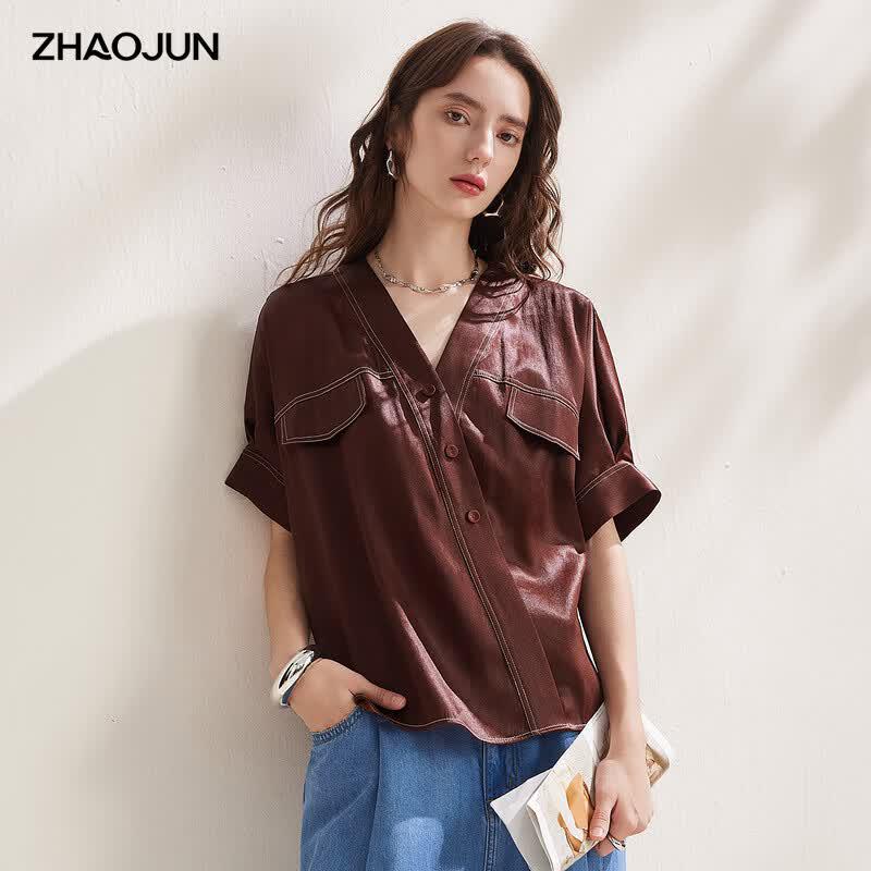 Zhao Jun Silk Blend V-Neck Asymmetrical Top 2XL