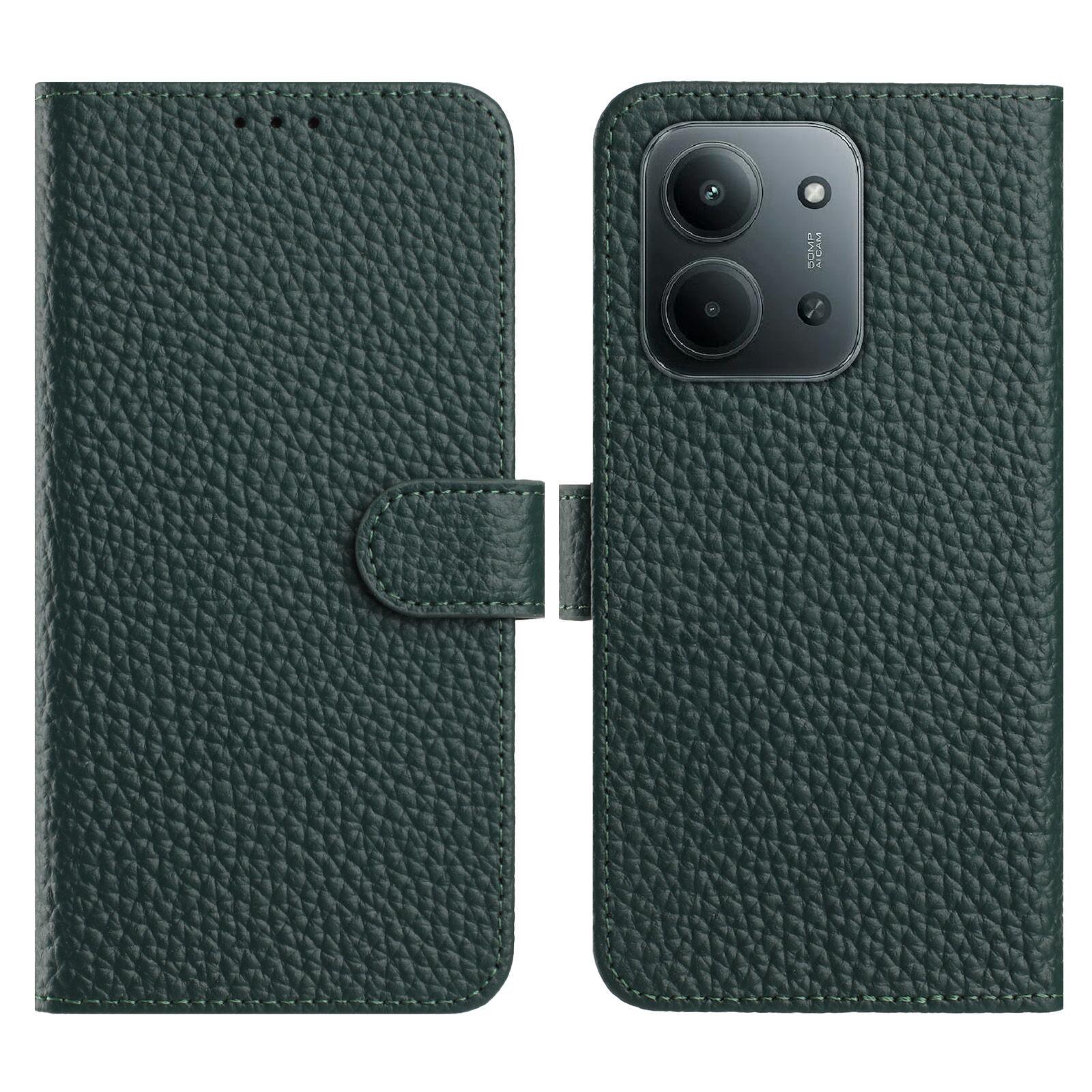 

For Xiaomi Redmi 15C 4G (171mm) Case Wallet Stand Litchi Texture Genuine Cow Leather Flip Phone Cover Green