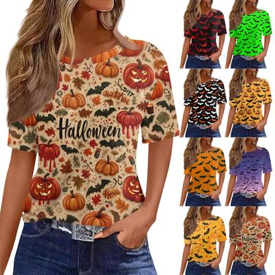 Women's Fashionable Casual Short Sleeve Halloween Print Round Neck Pullover Top