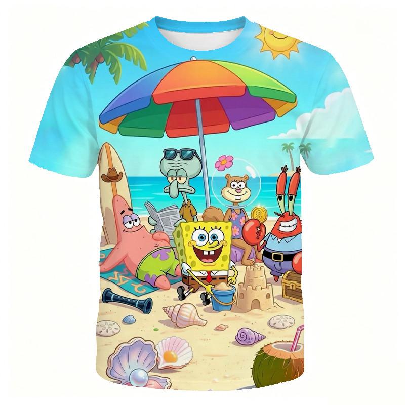 SpongeBob SpongeBob SpongeBob Cartoon Children Short-Sleeved T-Shirt 3-13 Years Old Boys Girls Pie Big Star Crab Boss Sandy Breathable Half-Sleeved Mi