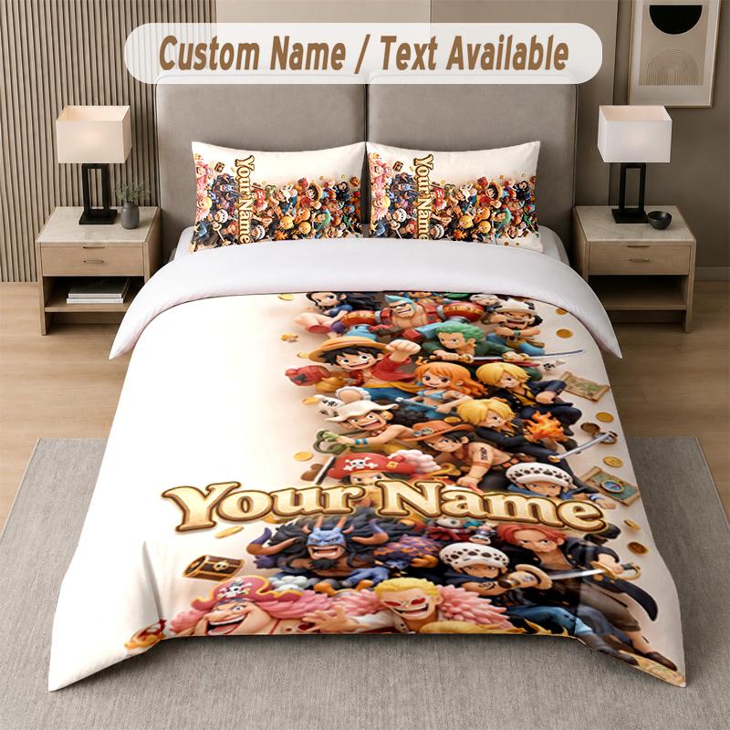 One Piece 3Pcs Bedding Set, Personalized Custom Name Text, 1 Duvet Cover & 2 Pillowcases For Bedroom