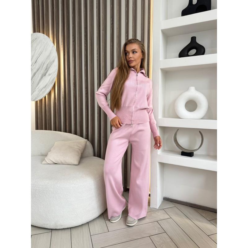 Womens Casual Knit 2-Piece Set Long Sleeve Zip-Up Collared Top Elastic Waist Pants