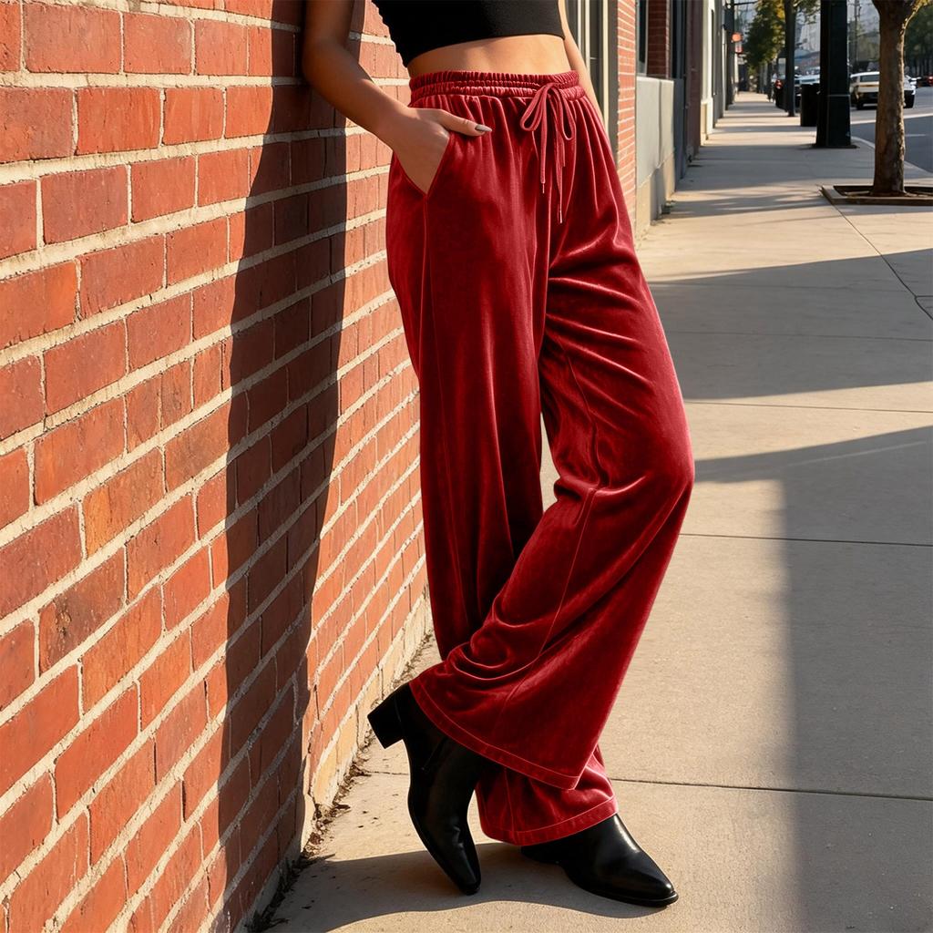 Damen Samt Casual Hose Lockerer Schnitt Elastischer Bund Kordelzug Lounge Hose Geeignet für den Alltag und zur Entspannung zu Hause