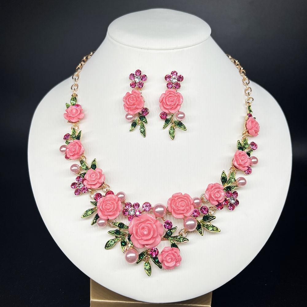 1 Set Multicolor Flowers Crystal Jewelry Set Enamel Pearl Necklace Earrings Set Exquisite Luxury Bridal Jewelry Set Banquet